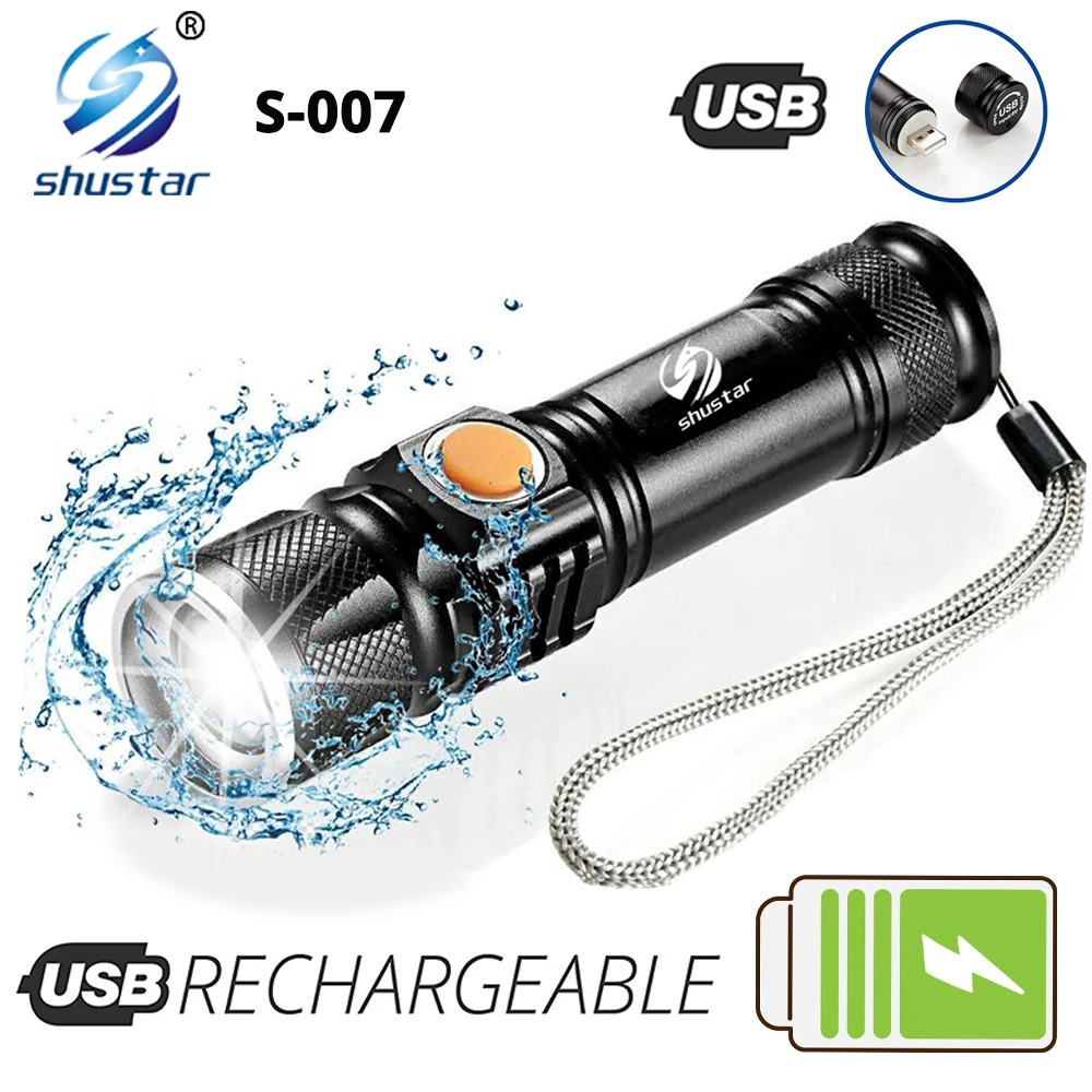 camping flashlights Powerful LED Flashlight With Tail USB Charging Head Zoomable waterproof Torch Portable light 3 Lighting modes Built-in battery flashtorch mini