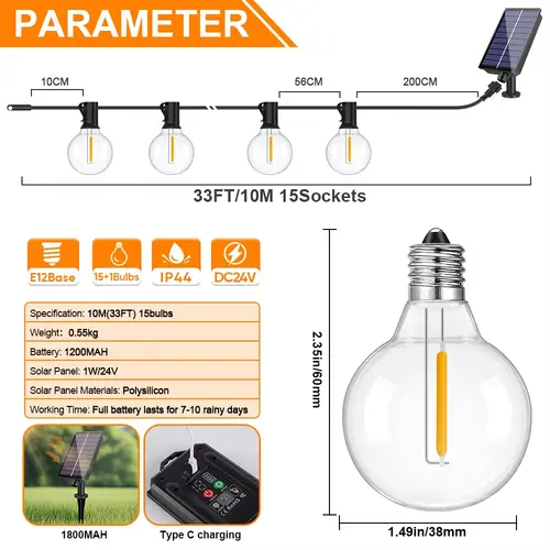 G40 Outdoor Solar String Light Garland LED Solar String Lights 24V Globe Waterproof Hanging Lights for Garden Backyard Cafe - Image 9