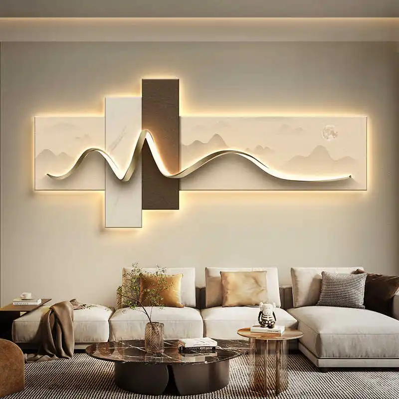 Dipinto decorativo per soggiorno con illuminazione a LED ambientale, quadro moderno di lusso per parete dietro il divano, dipinto minimalista da appendere. - immagine 2