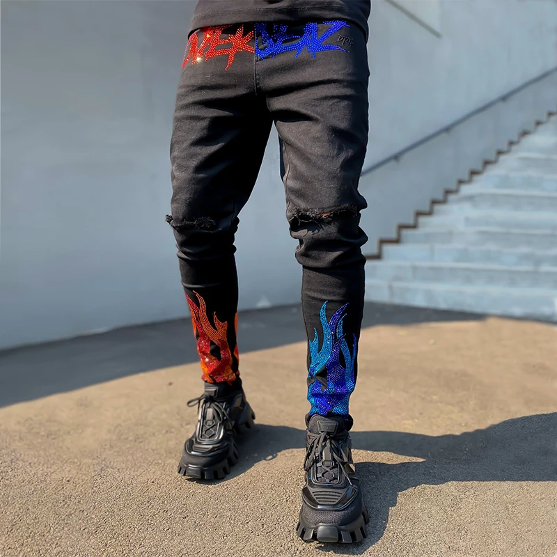 y2k Men's Stretchy Ripped Skinny Black Jeans Slim High Quality Hole Trousers Aesthetic Rhinestones Streetwear Denim Pencil Pants