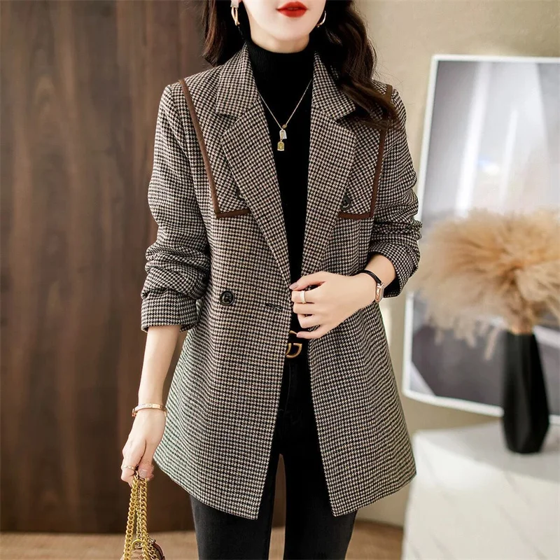 

Winter Vintage Double Breasted Office Ladies Plaid woolen Coats Loose Jacket Houndstooth Suit Coat Jacket Women blazers Female