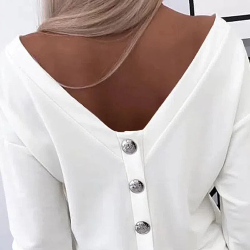 New Fashion Women's Autumn Long Sleeved Back Button Solid Color V-neck Base Shirt Top 207