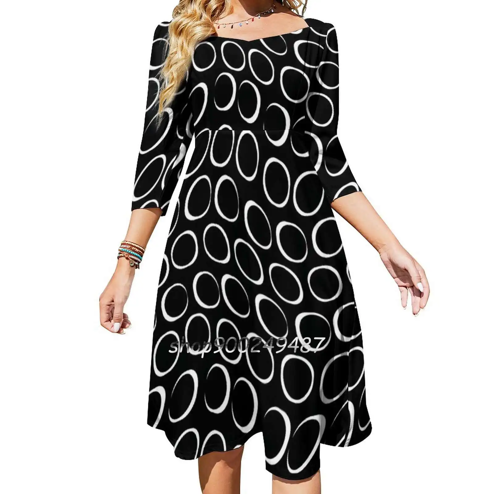 

Black And Whtie Irregular Circles Retro Minimalist Pattern Square Neck Dress New Plus Size Elegant Women Waist Tight Dress
