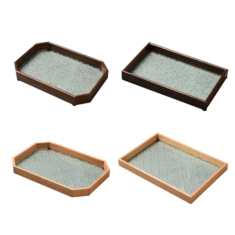 Vintage Wooden Glass Tray Decorative Serving Trays Platter Table Ornaments
