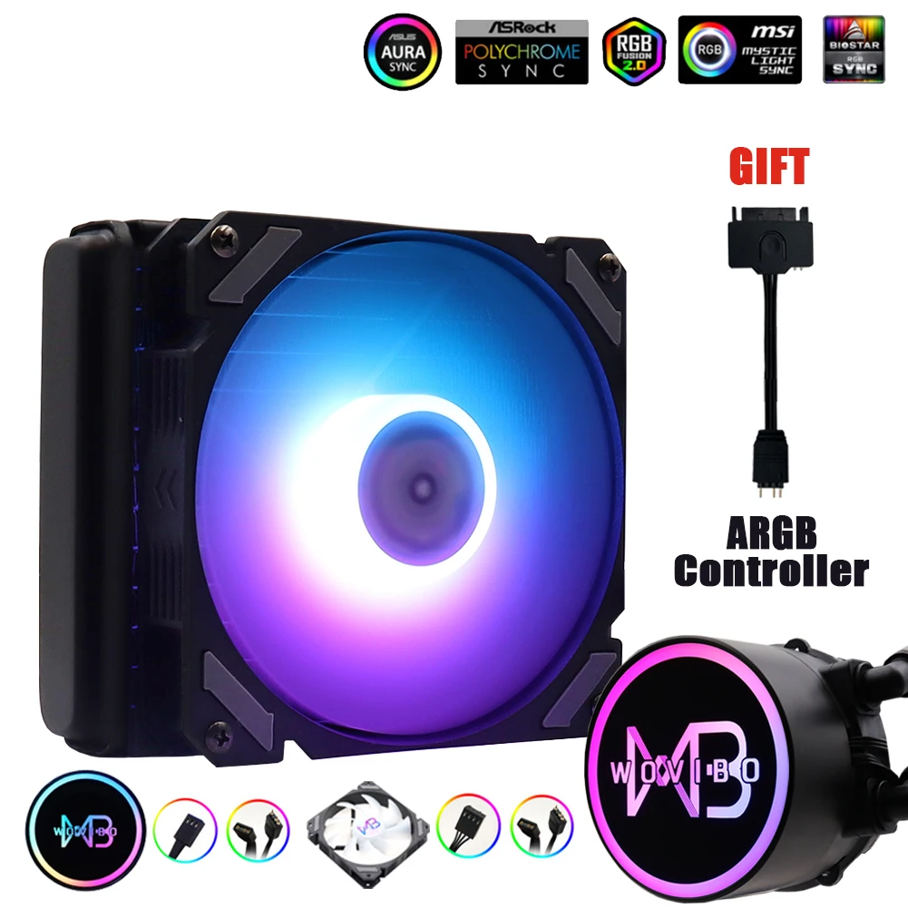 Wovibo-ventilador de Água Cpu Refrigerador de Líquido Radiador Pwm Rgb 4pin para Intel 115x1200 1700 2011 X79 X99 Am3 Am4 120 mm - Imagem 5