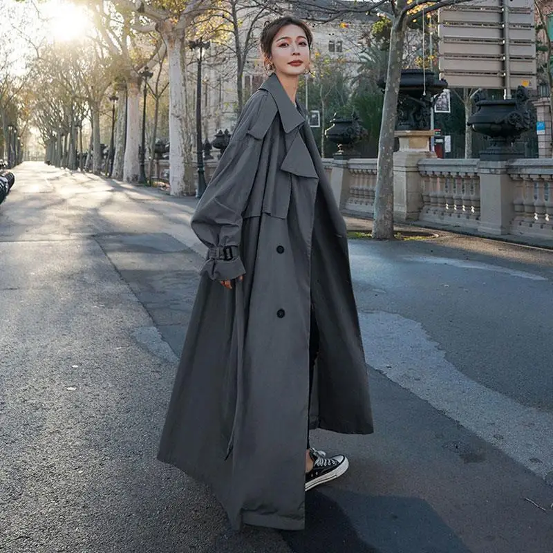

Korea loose large X long women's casual fashion windbreaker double-breasted belt girls y2k small spring coat cape windbreaker
