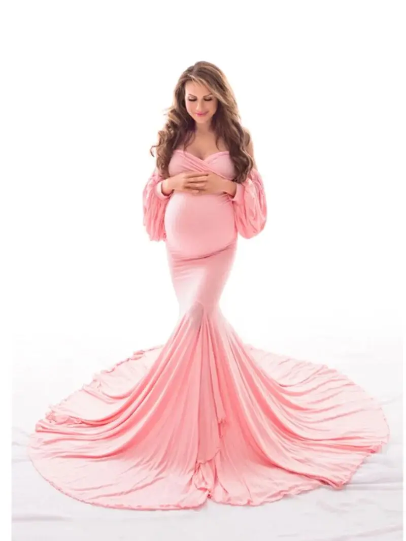 

Classic Mermaid Maternity Dress With Train For Photoshoot Tiered Ruffled Off Shoulder Pregnancy Gown Robes For Babyshower