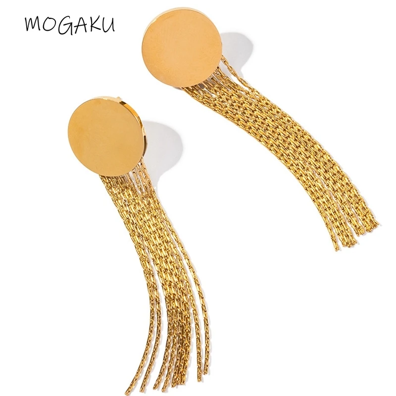 

MOGAKU 60mm Metal Tassel Dangle Earrings for Women Fashion Stainless Steel Gold Color Round Drop Earring Female Party Bijoux