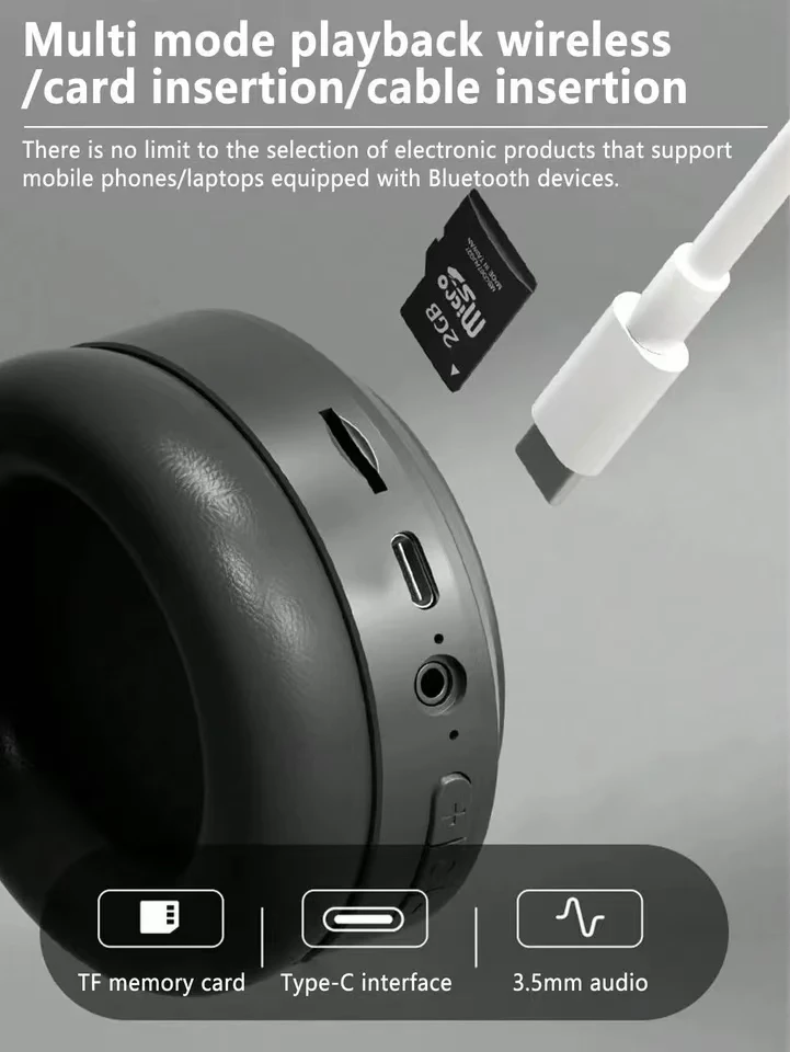 Over Ear HIFI Stereo Headsets Wireless Bluetooth Headphones Sports Gaming Earphones with HD Mic Support TF/AUX Noise Reduction