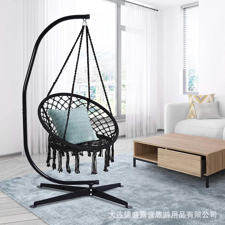 Nordic Style Round Hammock Swing Chair Safety Hanging Hammock Rope Hanging Garden Seat Beige Knitting Rope Swing Balcony Chair camping hammock disc swing