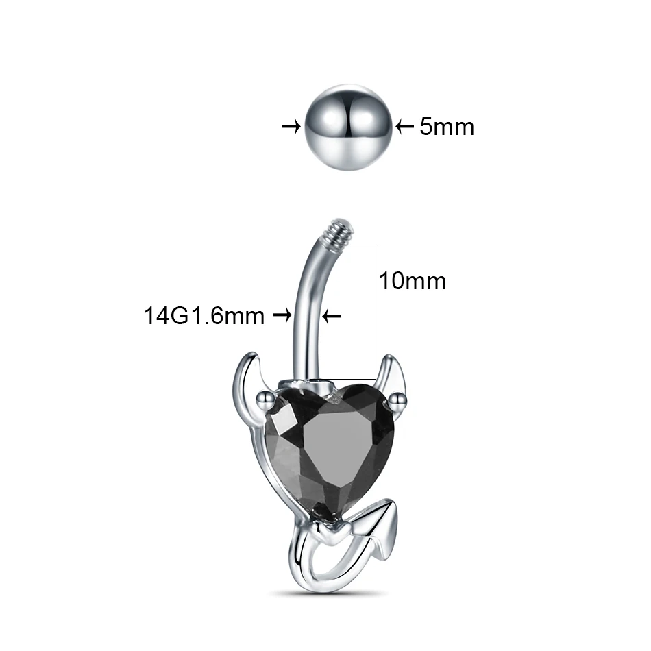 Stainless Steel Heart Belly Button Ring Women Sexy Purple Red Zircon Demon Devil Navel Piercing Dangle Earring Body Jewelry 1PC
