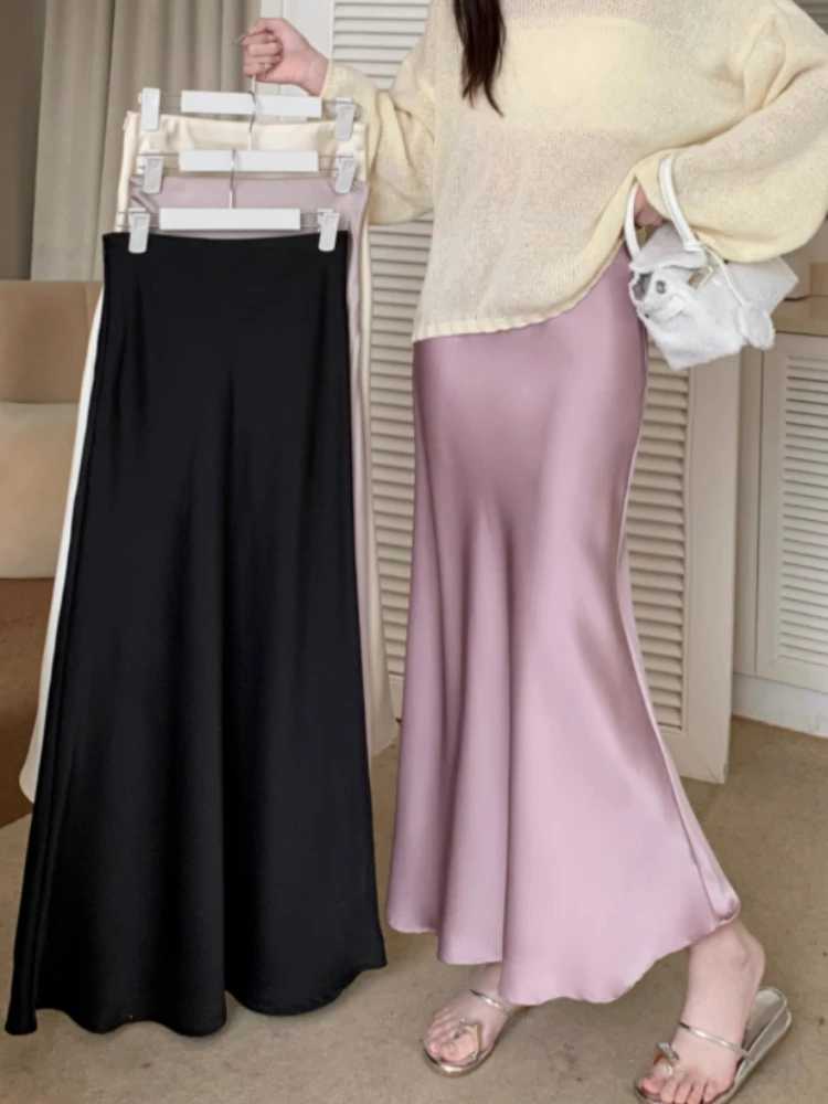

Women's Long Skirt Spring Summer Satin Silk A-line Skirt High Waist Ladies Korean Fashion Solid Pink Fishtail Skirts for Women