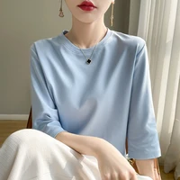 Spring And Summer New White Mercerized Cotton Short Sleeve T-Shirt Feminine Joker Cotton Cropped Sleeve Bottoming Shirt - Image 3