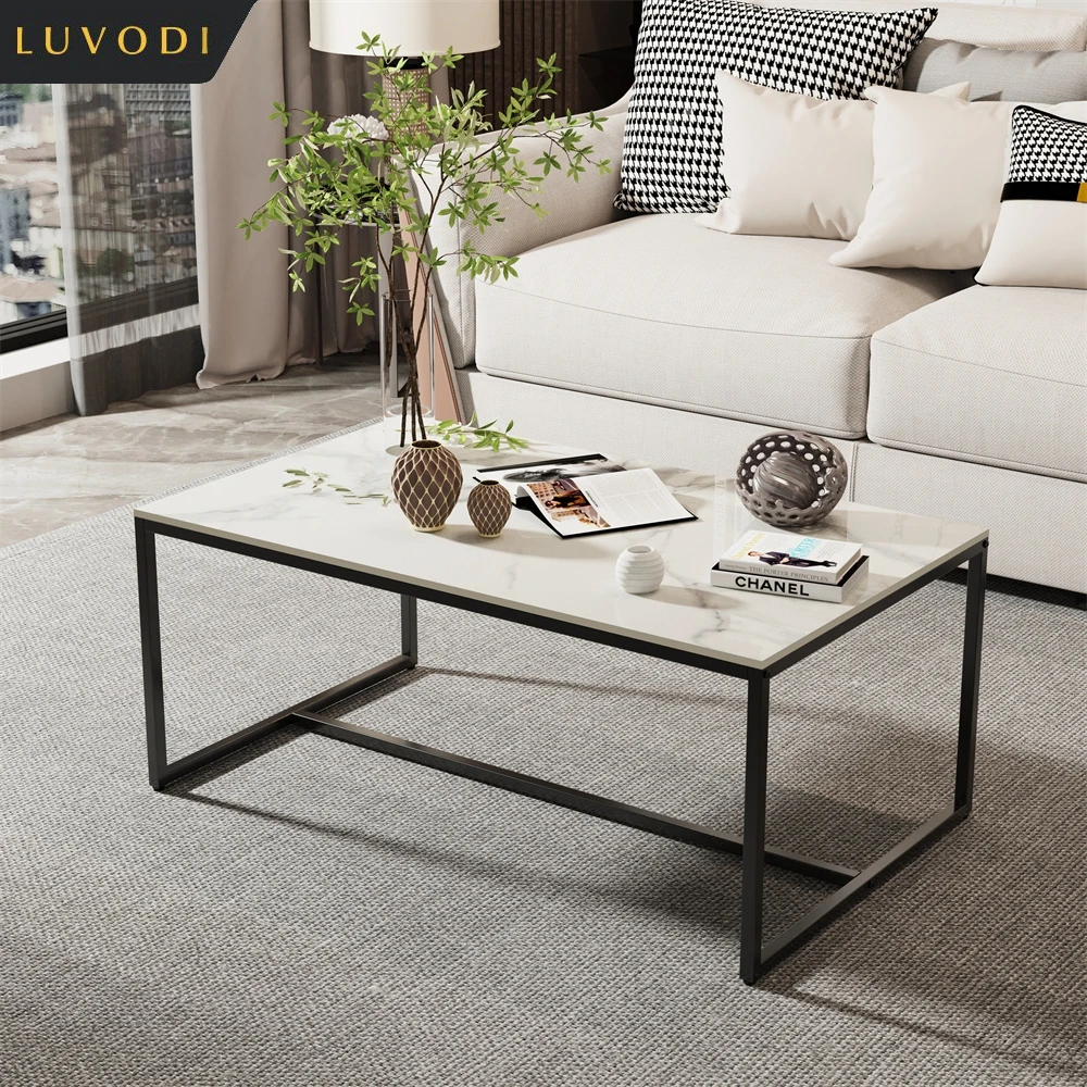 LUVODI 100cm Long Rectangle Coffee Table with Sintered Stone Tabletop,White Black Grey Chic Couch Accent Table for Living Room