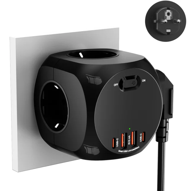 ปลั๊กผนังอเนกประสงค์ EU ปลั๊ก 4AC+4USB ชาร์จเร็วอัจฉริยะพร้อมการป้องกันความปลอดภัยหลายแบบ เหมาะสําหรับการเดินทางของครอบครัว 1