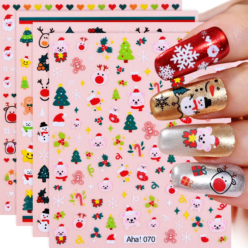 

3D Christmas Nail Art Stickers Cute Bear Gingerbread Man Elk Snowflake Slider Decals Xmas Nail Sticker Winter Holiday Nail Decor