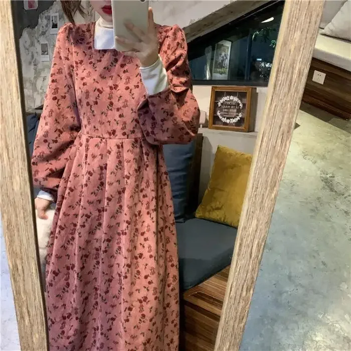 

Autumn and Winter Corduroy Midi Dress Square Collar Printed Dress for Women Woman Dresses Vestido De Mujer Femme Robe