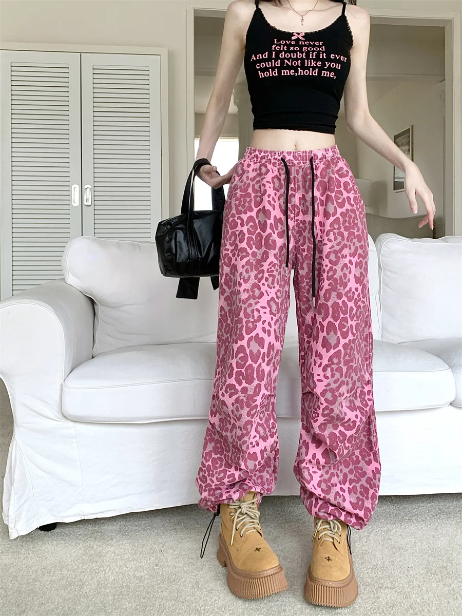 

Женские джинсовые брюки-карго Slergiri, американские винтажные Широкие штаны в стиле хип-хоп с леопардовым принтом, свободные брюки из денима с кулиской, y2k