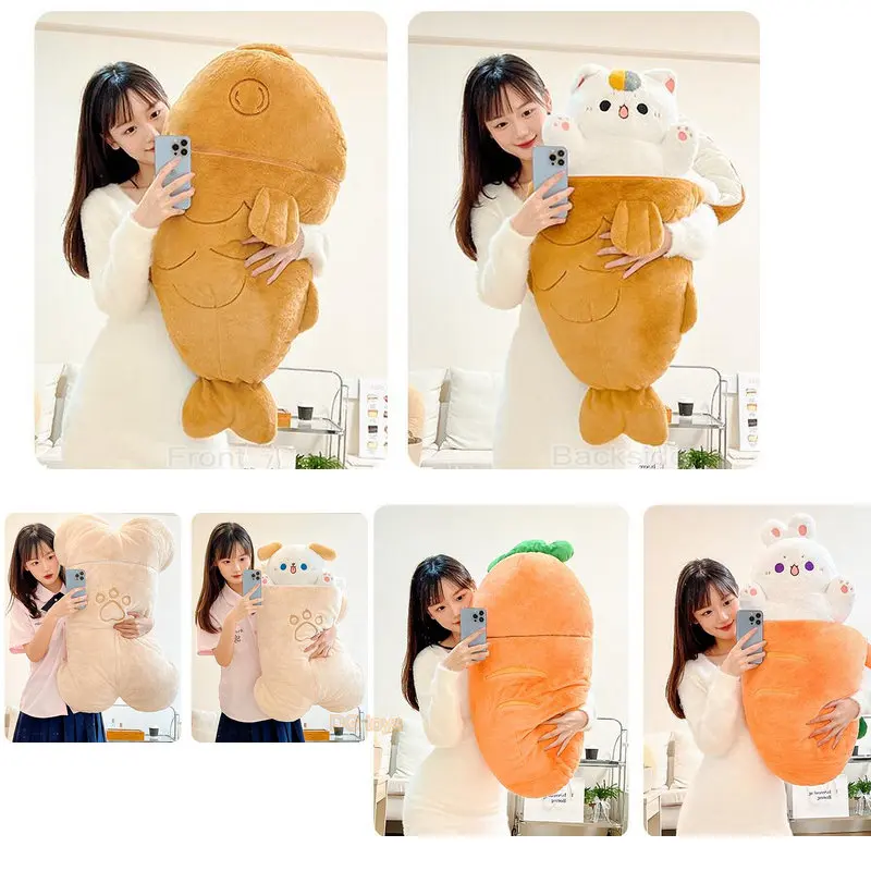 80X45cm Kawaii Taiyaki Cat Plush Toy Rabbit Hiding in  Carrot Dog in Big Bones Ferry Animals Plushie Throw Pillow For Kids Girl