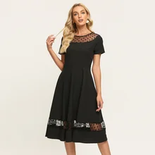 

2022Summer European and American Women's Clothing Amazon Cross-Border round Collar in Black Short Sleeve Elegant Graceful Large