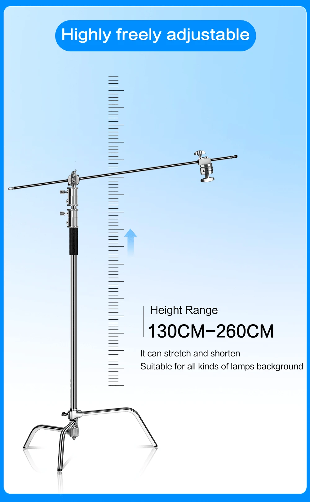 2.6M/8.5FT Stainless Steel Century Foldable Light Stand Tripod Magic Leg Photography C-Stand with wheel and bag for Photo Studio