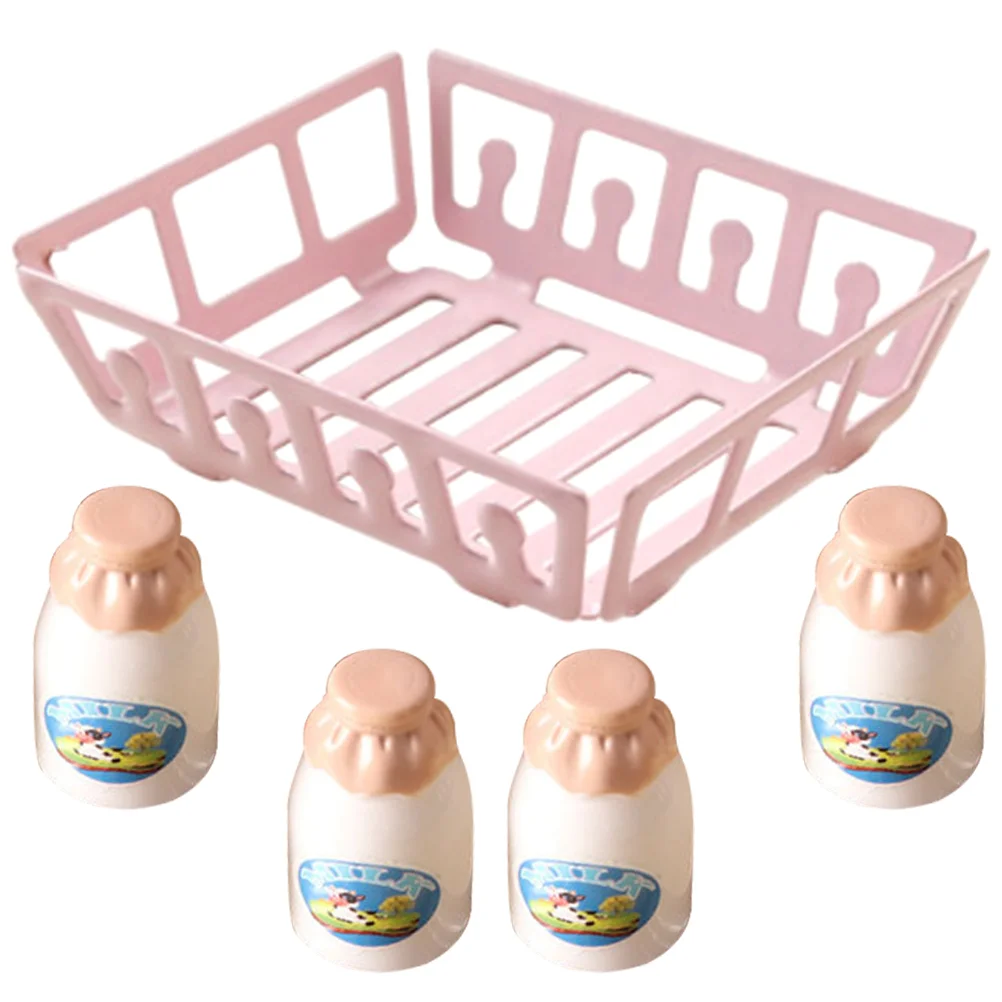 

1 Set Miniature Milk Basket with Milk Bottles Kitchen Food Pretend Play Adornment Prop