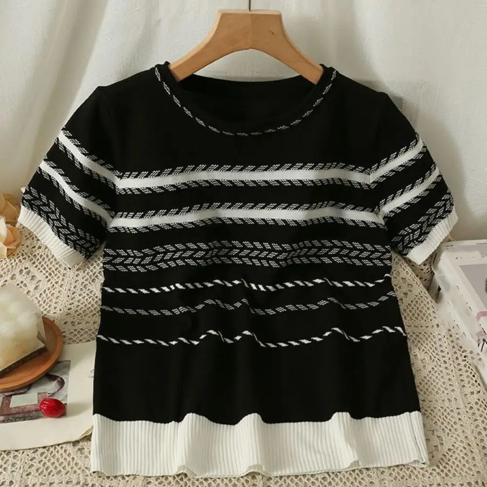 Comfortable Ins Short Sleeve Crop Top Summer Female Clothing Stripe Knitted T-shirt Bottoming Shirt Loose Knitwear Women Female
