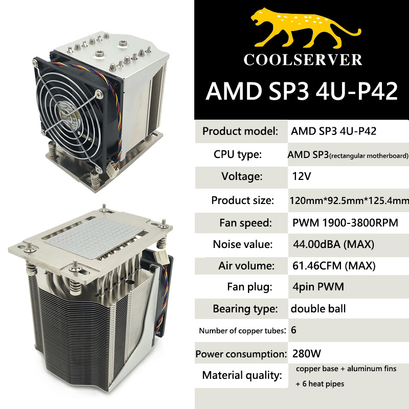 COOLSERVER P42 6 Heatpipe CPU Cooler 4PIN PWM Cooling Fan Radiator For AMD SP3 Motherboard CPU Processor Cooler