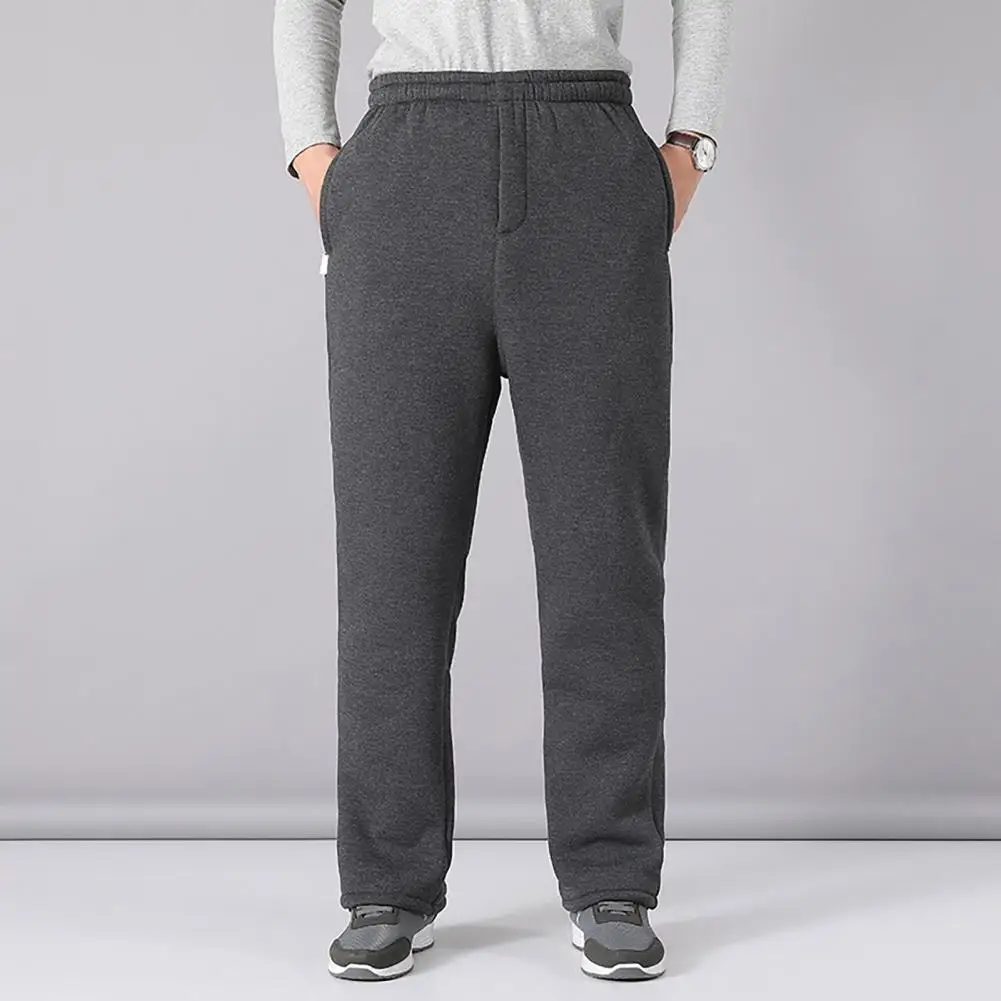 

Men Fleece Pants Weather Sweatpants Mid-aged Men's Fall Winter Loose Wide Leg Warm Plush Pants with Elastic Waist Pockets Plus