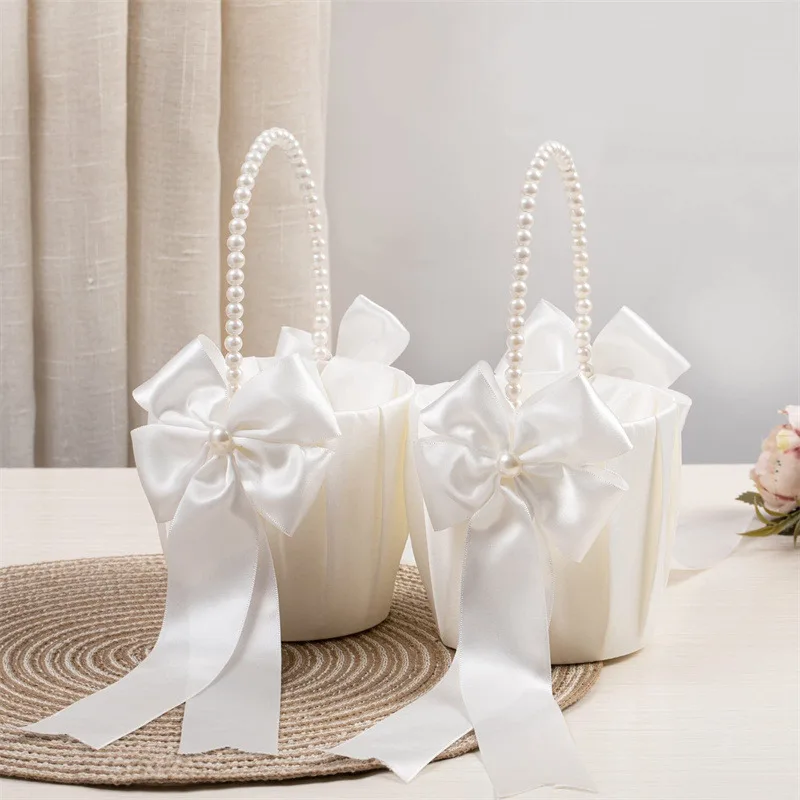 1/2 Stück Satin-Perlenknoten-Blumenkorb für Mädchen, Ringhalter, weiße Blumen, Hochzeitsaccessoires, Damenzubehör, 2024 – Detail 12