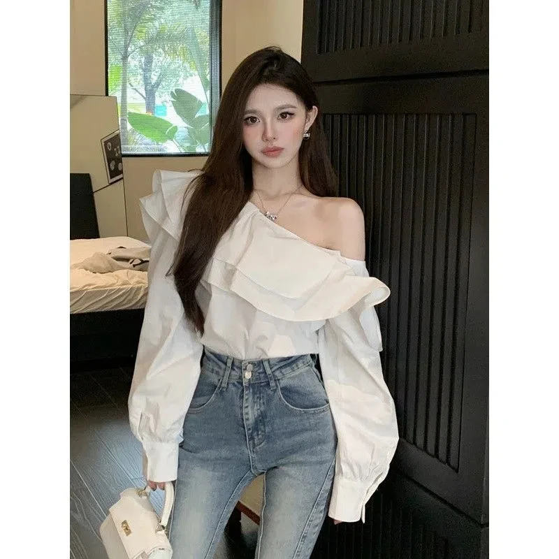 Sweet Ruffles Blouse for Women Sexy Off Shoulder Shirt French Style Elegant Long Lantern Sleeve Tops Clothes New 8395