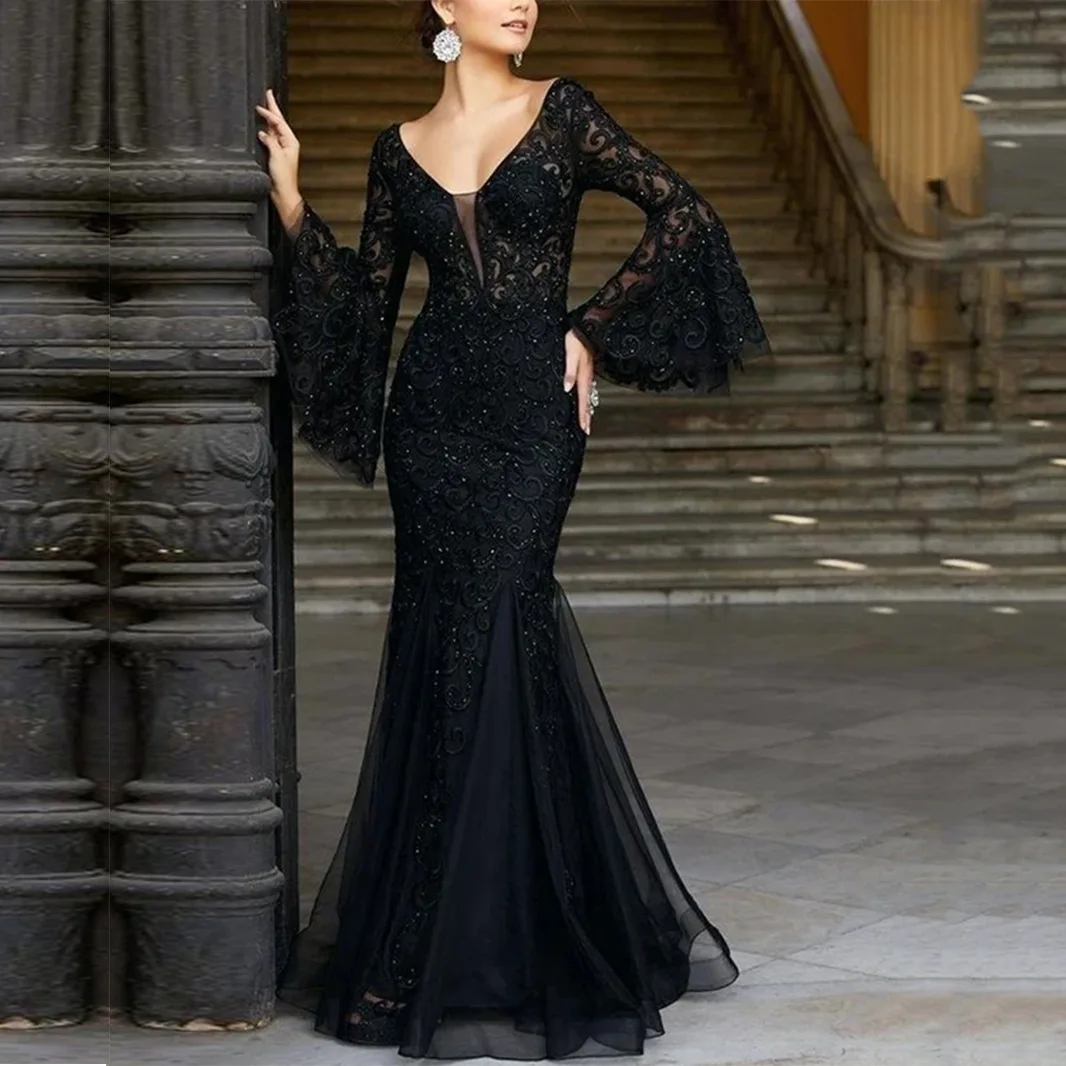 

2023 new European and American women's dress lace embroidery fishtail black slim-fit evening dress