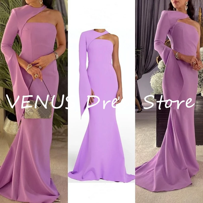 

VENUS O Neck Matt Satin Formal Celebirty Night Prom Gowns Dress Button Long Mermaid Cocktail Evening Dresses One Sleeves