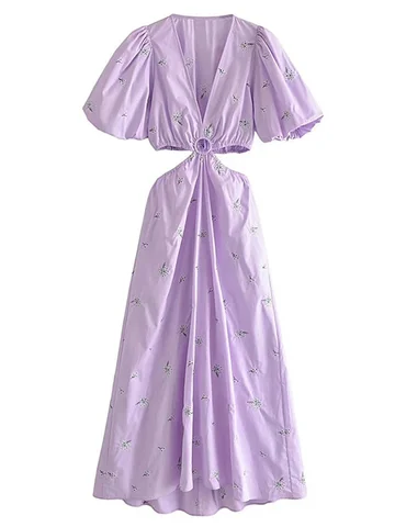 Sexy Floral Embroidery Hollow Out Midi Dress Elegant Female Vintage Puff Sleeve Backless Poplin Dresses 2022 Summer Dress