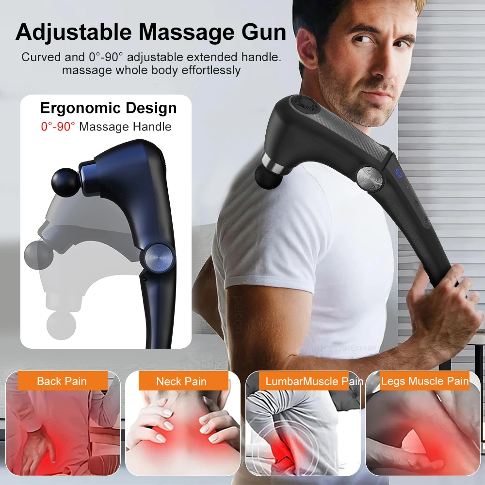 Fascia Gun With Extended Handle Foldable Massage Gun for Neck Back Shoulder Leg Hot Cold Compress Adjustable Body Massagers