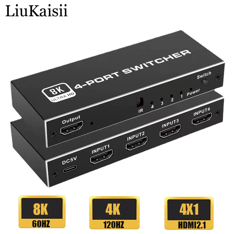 

HDMI Switcher 8K 60HZ HDMI 2.1-compatible 4K 120Hz 4 in 1 out Switch Splitter Adapter IR Remote For PS5 PS4 Projector