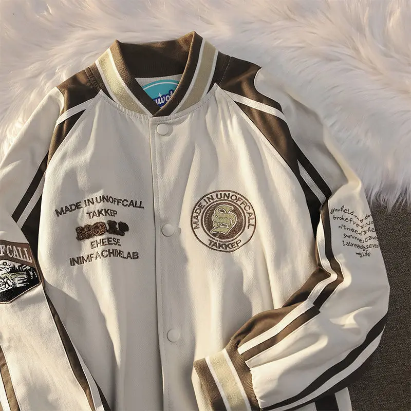 

American retro splicing contrasting color baseball uniforms for men and women in fall and winter all match casual jacket clothes