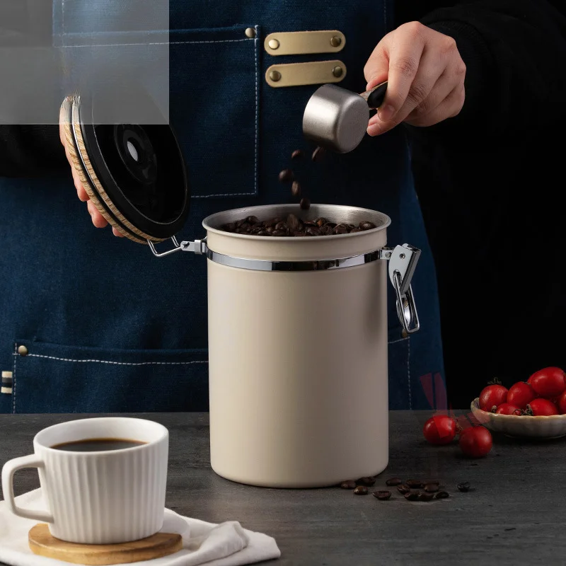 Coffee Bean Storage Tank Stainless Steel Kitchen Sealed Jar Tea Powder Storage Jar with Timetable Exhaust Valve Jars