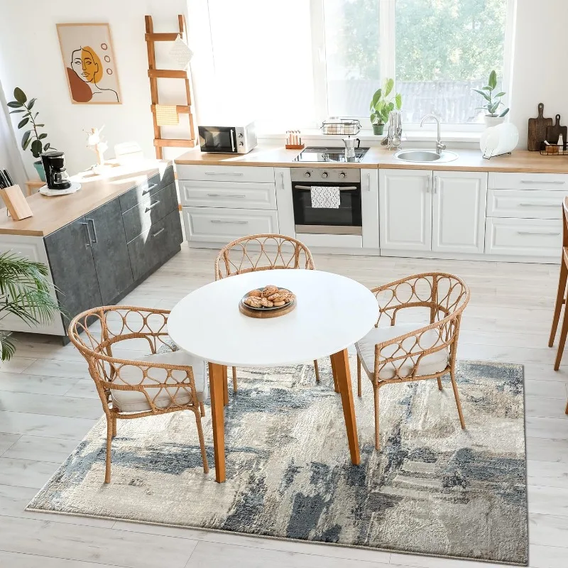 Distressed Abstract Blue Area Rug, Non-Shedding Carpet