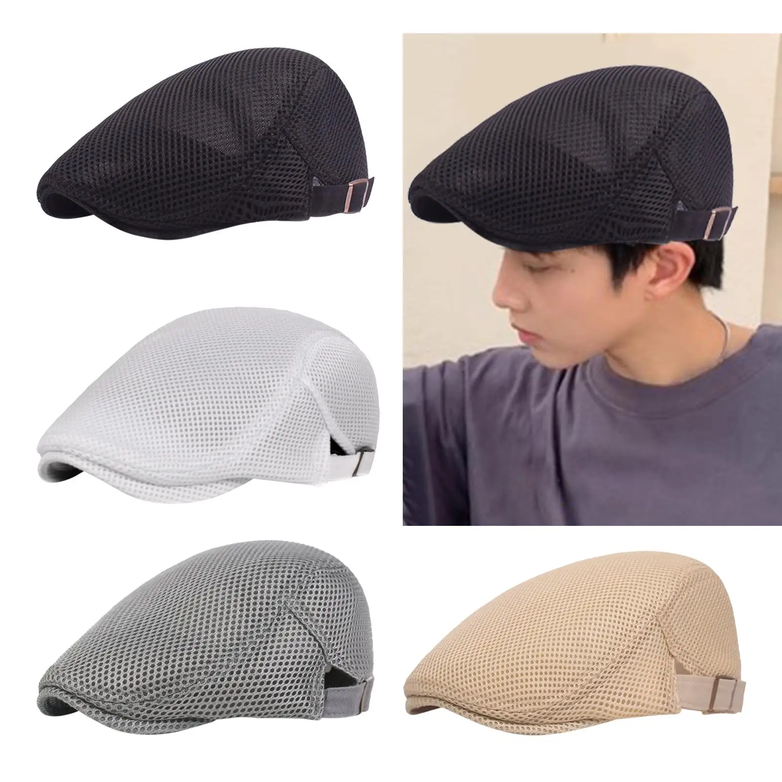 Men`s Mesh Flat Cap Cabbie Hat Male Forward Cap Casual Painter Hat Breathable Summer Hat for Golf Traveling Gardening Fishing