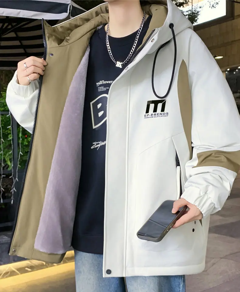 Lässige Herren-Fleecejacken mit dicker Kapuze, modisch, 2025, Herbst-Winter, Jugend-Top, Plüschmäntel, Streetwear, lockere, winddichte, warme Parkas – Detail 13