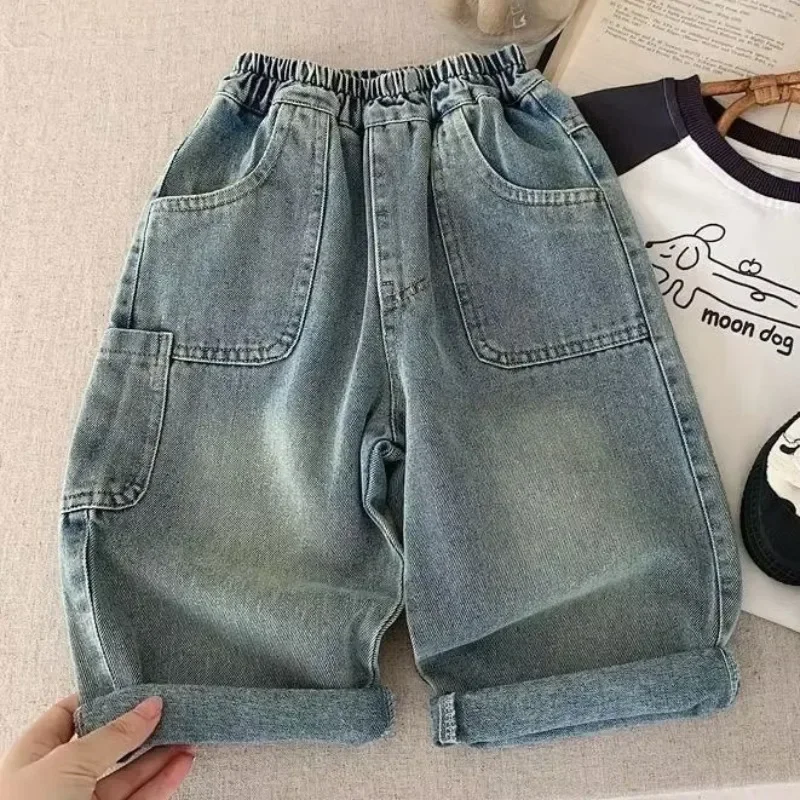 Children's Retro Jeans Loose Straight Pants Wide Leg Pants for Boys and Girls 2025 New Spring Autumn Kid's Denim Pocket Trousers 6