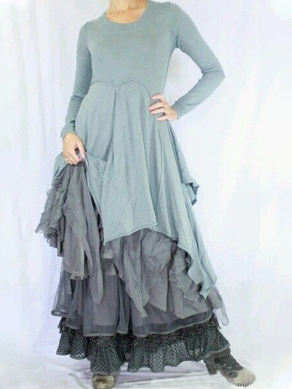 thumbnail image 1 of Elegante vestido largo de manga larga con cuello redondo para mujer 2024 Vestido de verano con capas de patchwork Vestido largo con dobladillo irregular y empalme en contraste, 1 of 4