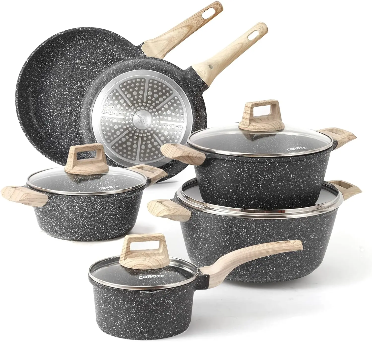 CAROTE Pots and Pans Set Nonstick, White Granite Induction Kitchen