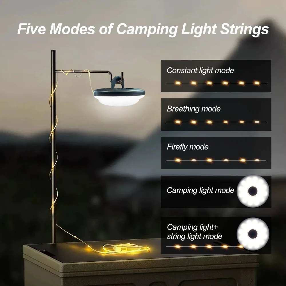Camping String Lights, 2 in 1 USB Rechargeable Outdoor Portable Camping  Lights 
