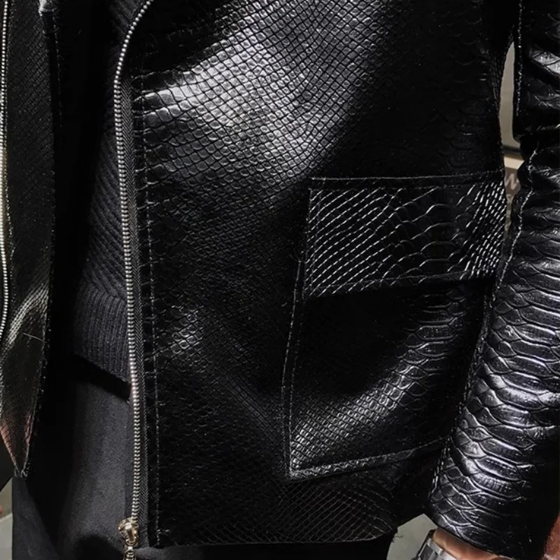 New Crocodile Patterns Leather Jacket men's solid lapel Slim Fit PU Coats Casual Blazer Leather Jacket Motorcycle  Outwear 6