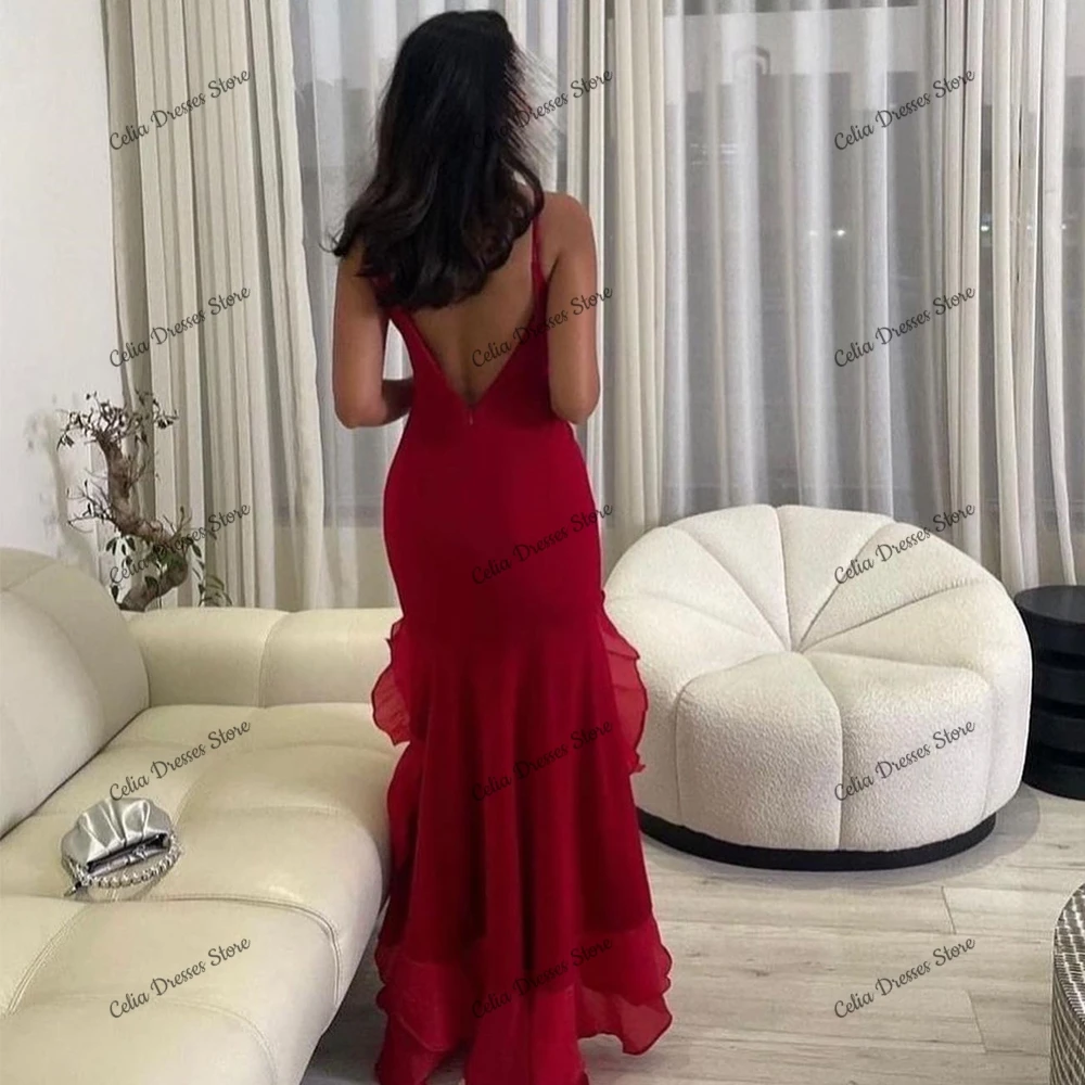 Elegant Red Ruffles Jersey Evening Dress Ladies Scoop Sleeveless High Low Special Occasion Gowns Sexy Backless Prom Dress