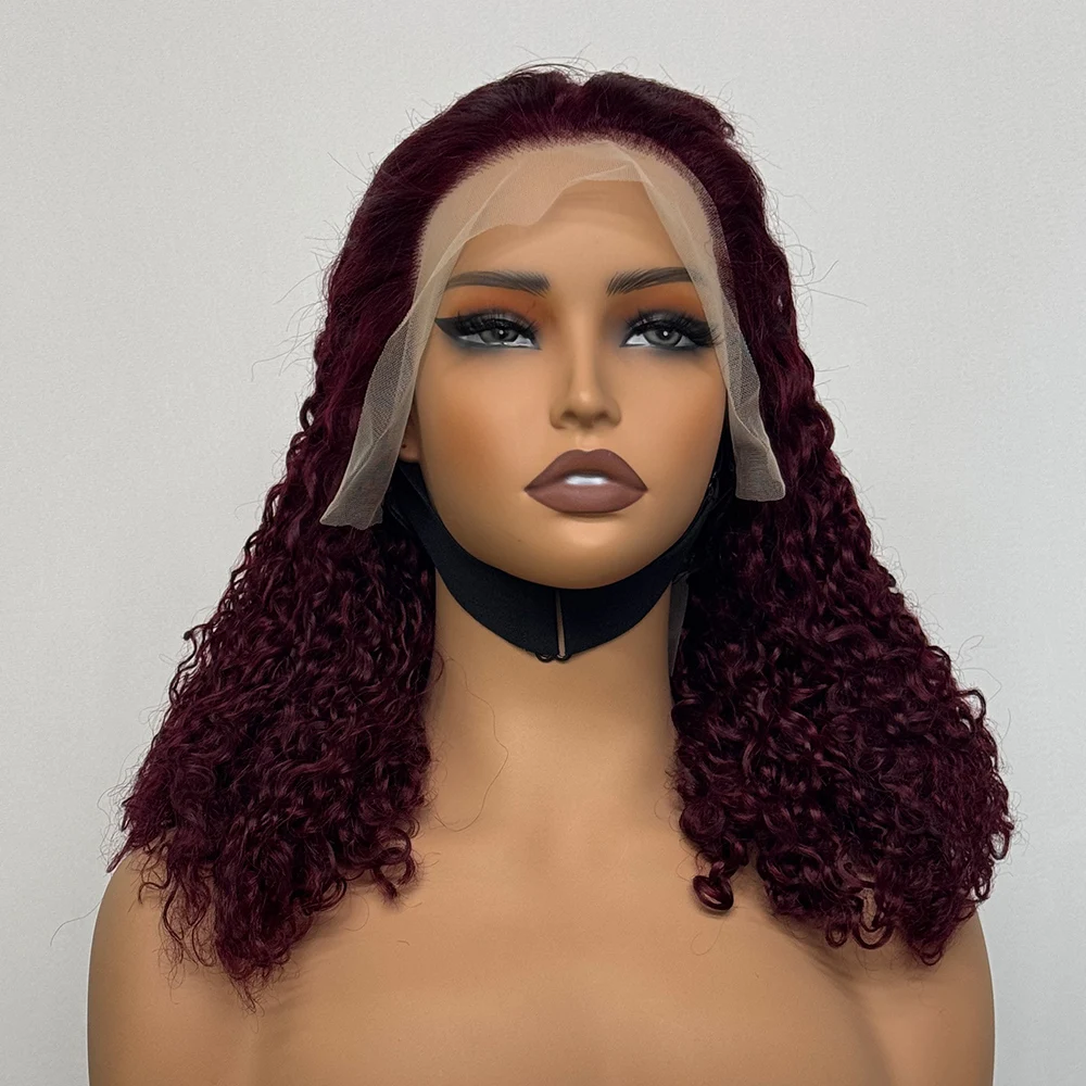 300% Density Burmese Pixie Cut Kinky Curly Human Hair Wig 99J Highlight 13x4 Transparent Lace Front Wig for Black Women 16 inch