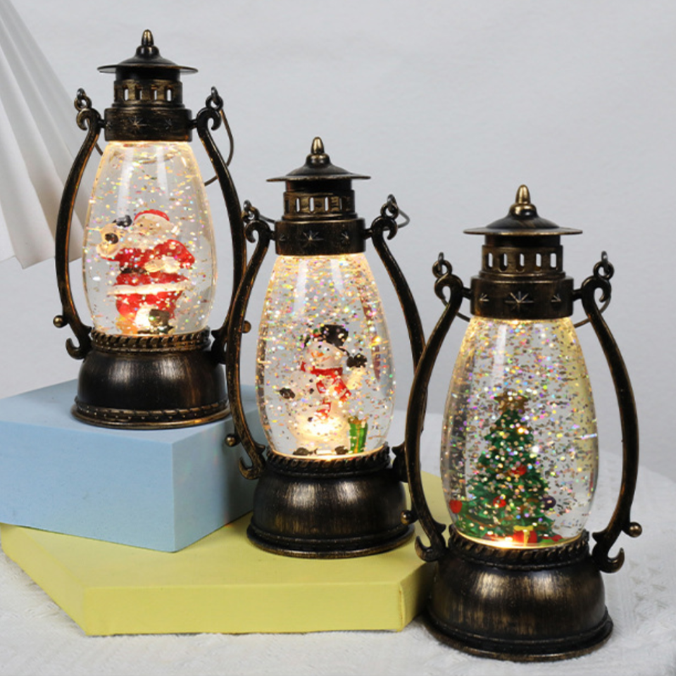 Christmas Snow Globe Lantern with Swirling Glitter and Battery & USB Powered Light Timer for Christmas Home Decoration and Gift