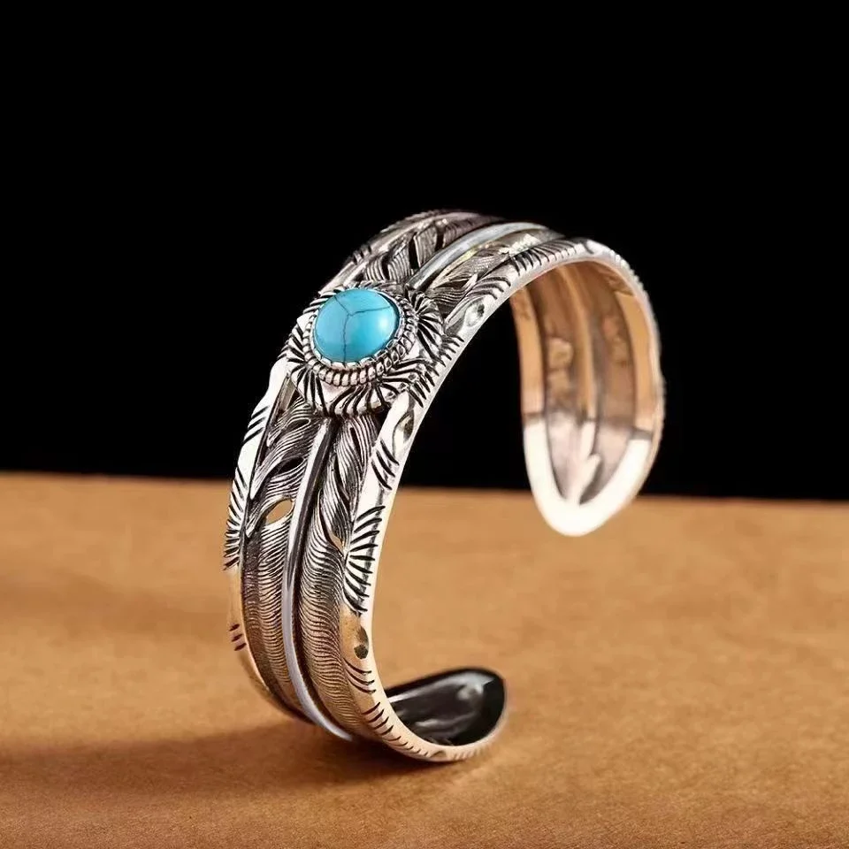 Silver Plated Turquoise Feather Wings Open Bracelet Men Domineering Cuff Bangles Women Fashion Party Jewelry Gift bangle bracelet